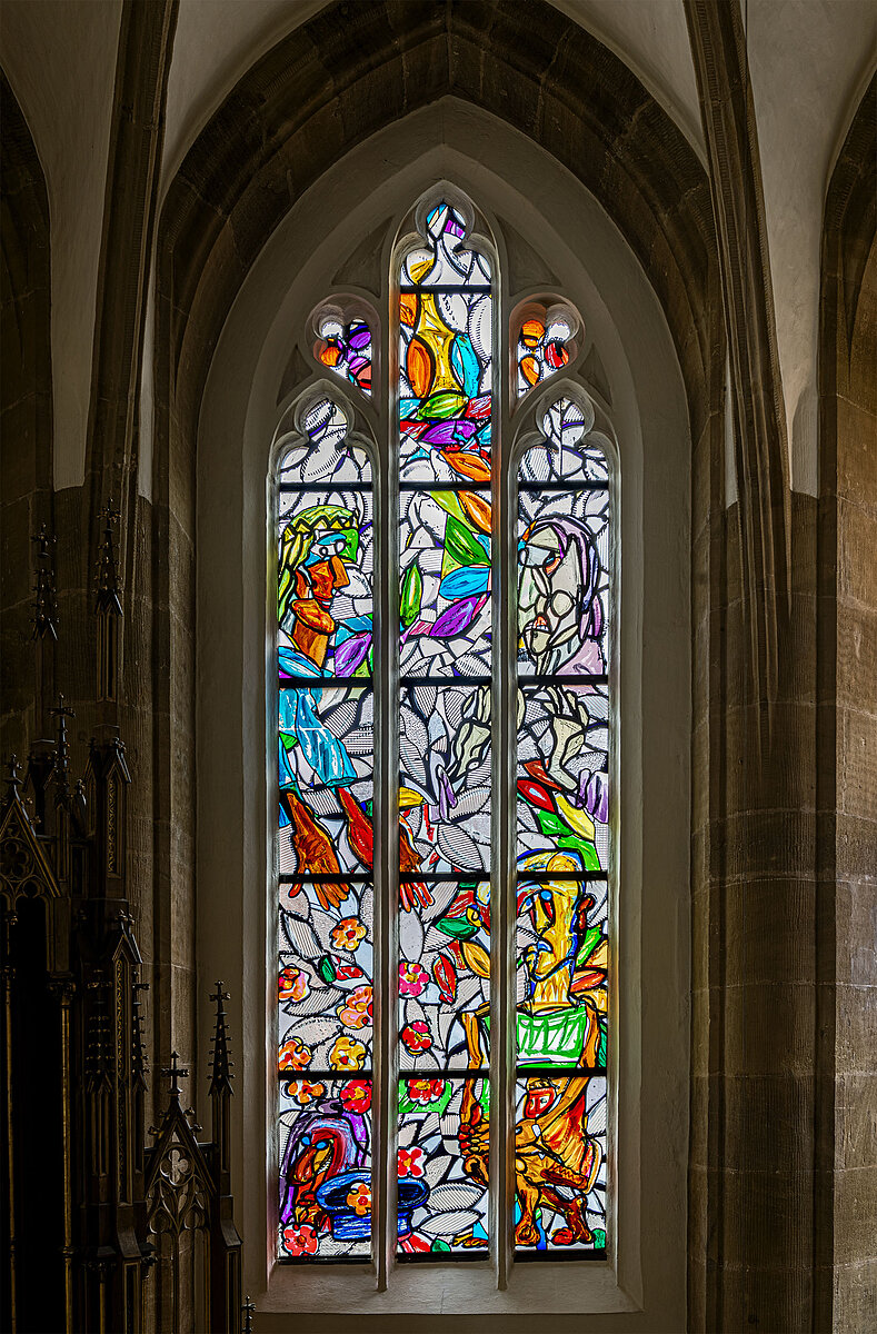 Lüpertzfenster in der Kirche St. Elisabeth Bamberg - Alte Frau, Almosen geben
