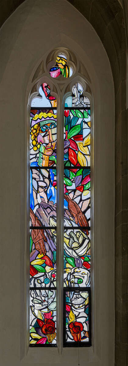 Lüpertzfenster in der Kirche St. Elisabeth Bamberg - Begleitung des Leichenzugs, Kranke besuchen